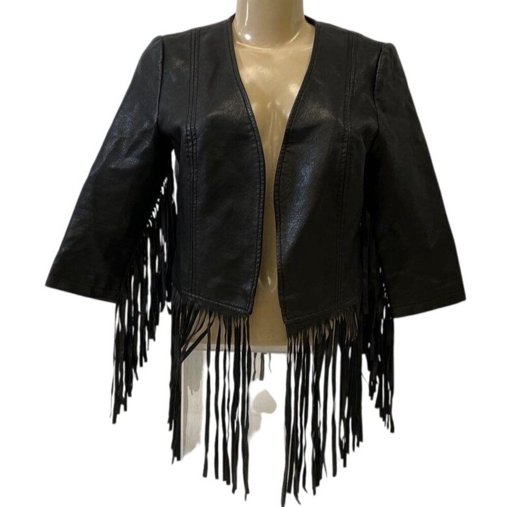 Glamorous S/M Jr Black Fringe Faux Leather Jacket Open Front 3/4 Sleeve RL10436